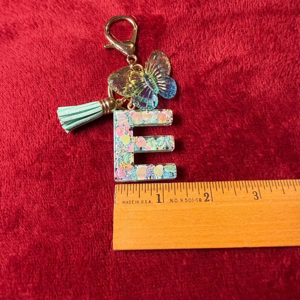 Letter E Resin Keychain Butterfly Tassel Initial Bag Charm Pastel Confetti Gold